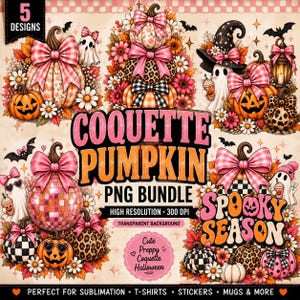 Puede incluir: Un paquete de gráficos digitales con cinco diseños de calabazas, fantasmas y bolas de discoteca decorados con lazos rosas, estampado de leopardo y flores. El texto dice 5 DESIGNS, COQUETTE PUMPKIN PNG BUNDLE, HIGH RESOLUTION 300 DPI y SPOOKY SEASON.