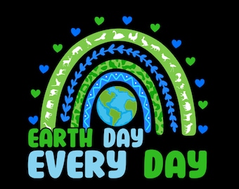 Może przedstawiać: Zielono-niebieski wzór tęczy z globem w środku i tekstem "Earth Day Every Day".