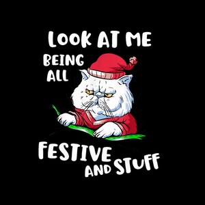 Puede incluir: Un gato blanco con un gorro de Papá Noel rojo y un suéter rojo con ribetes verdes. El gato mira al espectador con una expresión gruñona. El texto "Look at me being all festive and stuff" está escrito debajo del gato.