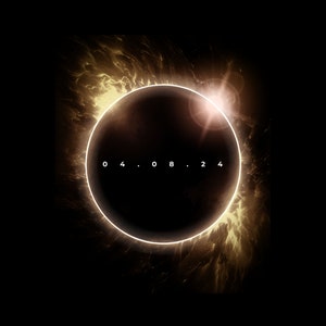 Puede incluir: Un círculo negro con un halo dorado brillante alrededor. El círculo tiene el texto "04.08.24" en blanco.