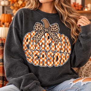 Puede incluir: Una sudadera de cuello redondo gris carbón con un gran gráfico de una calabaza con un patrón de cuadros naranjas y blancos. La calabaza está rematada con un lazo de estampado de leopardo y el texto PUMPKIN SEASON en letras negritas.