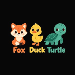 Puede incluir: Una ilustración de un zorro, un pato y una tortuga. El zorro es naranja con detalles blancos, el pato es amarillo con un pico negro y la tortuga es verde con un caparazón marrón. Las palabras "Fox Duck Turtle" están escritas debajo de los animales.