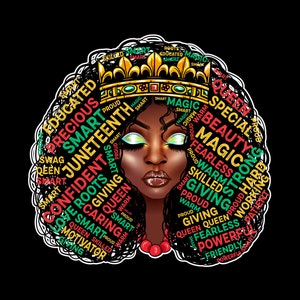 Puede incluir: Retrato de arte digital de una mujer negra con los ojos cerrados, luciendo una corona dorada. Su cabello está adornado con palabras como "Juneteenth", "Queen" y "Magic". El fondo es negro, resaltando los colores vibrantes de la obra.