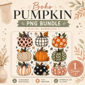 Puede incluir: Un paquete de descarga digital que presenta nueve calabazas ilustradas con varios patrones, incluidos estampado de leopardo, cuadros, lunares y motivos florales, junto con el texto Boho PUMPKIN PNG BUNDLE y 1 Design sobre un fondo crema.