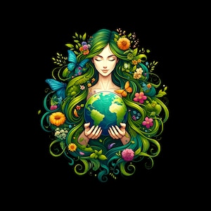 Puede incluir: Una mujer con el pelo largo verde y flores en el pelo est&aacute; sosteniendo un globo terr&aacute;queo en sus manos. El globo est&aacute; rodeado de hojas verdes y flores. El fondo es negro.