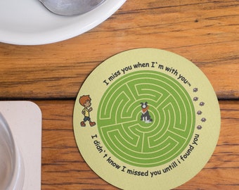 New Puppy Gift, Cork Back Coaster with a graphic of a maze, funny pet and child coaster , for hot beverage coaster for her coffee or tea