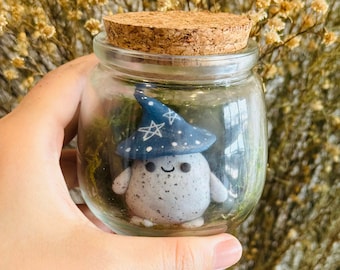 Adopt a Wizard Rock Pal in a Jar  - Handmade Miniature Figurine - Polymer Clay Sculpture | Witchy Desk Buddy  | Spooky Worry Warts Pet