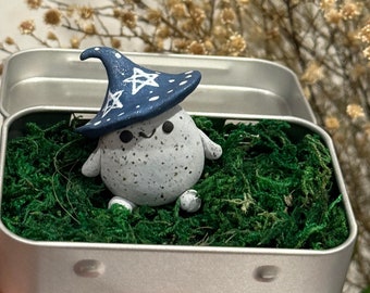 Adopt a Wizard Rock Pal in a Tin Box - Handmade Miniature Figurine - Polymer Clay Sculpture | Witchy Desk Buddy  | Spooky Worry Warts Pet