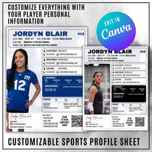 May include: Customizable sports profile sheet featuring Jordyn Blair, a volleyball player. The design includes personal information, contact details, and a QR code to view a highlight video. The text "Edit in Canva" is also present.