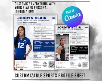 Può includere: Scheda profilo sportivo personalizzabile per Jordyn Blair, giocatrice di pallavolo. Include informazioni personali, dettagli di contatto e un codice QR per un video. È presente anche il testo "Edit in Canva".