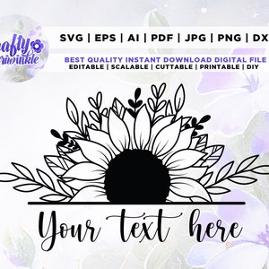 Demi tournesol SVG, bordure de tournesol SVG, svg de tournesol fendu, svg de monogramme de tournesol, fichier svg de tournesol pour Cricut Silhouette,
