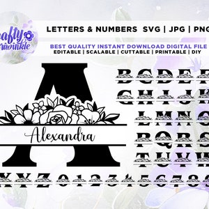 Floral Split Monogram svg, Floral Lettes and Numbers, Alphabet Bundle, Cricut, Png, Flower Monogram Clipart, Name monogram Svg, sublimation