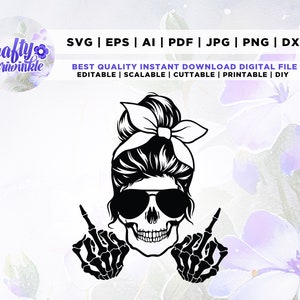 Messy Bun Schädel svg, Messy Bun Schädel Png, Mittelfinger svg, Cricut, Png, svg, Erwachsenen svg, sarkastisches Shirt-Design svg, Sonnenbrillen svg
