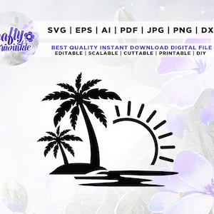 Scena della spiaggia al tramonto in formato SVG, estate in formato SVG, Png, Svg, vacanza in formato SVG, vacanze estive in spiaggia in formato SVG, palme in formato SVG, tropicale, oceano in formato SVG, isola in formato SVG.