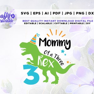 Maman d'un trois Rex Svg, troisième anniversaire Saurus Svg, dinosaure anniversaire Parent, maman trois Rex anniversaire, T-Rex anniversaire correspondant chemise Svg
