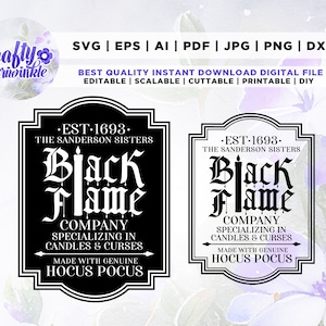 Black Flame Company Label Parodie PNG, Hokus Pokus SVG, Sanderson Schwestern Hexen Hexe Halloween Kerzen Flüche, Druck, Wasserrutschen