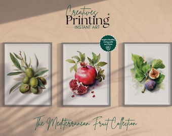 The Mediterranean Fruit Collection | Pomegranate, Olive, Fig Art Print | Fruit Art | Digital art | Kitchen, Dining Room, Farmhouse Decor