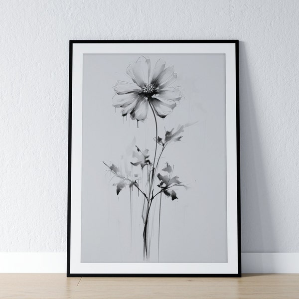 Charcoal Flower Drawing | Flower Print | Black and White Art | B&W Wall Art | Home Art Decor | Minimalist Floral Print | Fast Print | 1-1
