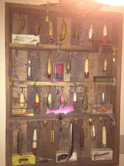 Vintage fishing tackle display made from old barn wood containing 39+ old  fishing lures and