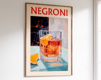 May include: A vintage-style poster with the word "NEGRONI" in red lettering. The poster features a glass of Negroni with an orange slice and ice cubes. The drink is on a blue and green surface. The text at the bottom of the poster reads "1 part Campari, 1 part Gin, 1 part Sweet Vermouth."