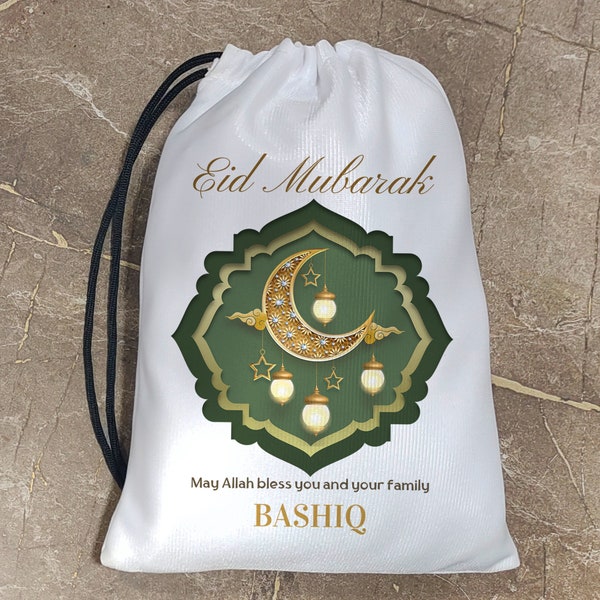 Delightful Eid Mubarak With Crescent Moon Favor Bags - Personalized Name With Hanging Stars Sacks - Celebration For Children Treat Bag