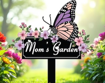 Custom Butterfly Mom’s Garden Metal Stake - Colorful Garden Yard Decor - Mother&#39;s Day Gift - Farmhouse Lawn Stakes- Personalized Garden Name