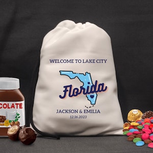 Gepersonaliseerde staat en hart - bestemming bruiloft welkomsttassen - Florida outline gunstzakjes - staat illustratie - Lake City trouwtas
