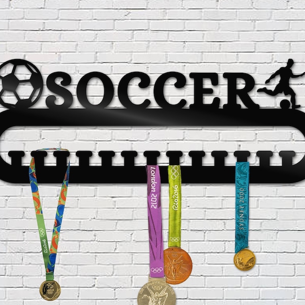 Personalized Soccer Medal Holder - Soccer Boys or Girls - Sport Medal Hanger - Soccer Player Name Metal Sign - soccer medals Display Rack