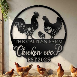 Letrero de metal para pared con diseño de gallinero - Letrero de metal con diseño floral de gallinero - Arte de pared de metal con diseño de gallinero - Letrero de granja de metal - Letrero personalizado con diseño de gallinero familiar