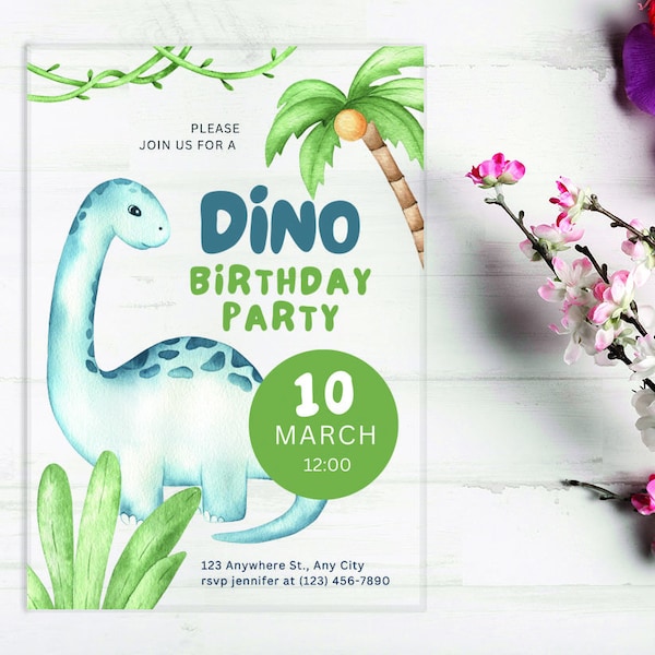 Acrylic Dinosaur Birthday Party Invitation, Dinosaur Party Invite, Greeny Invitation, Dinosaur Invitation, Dino Theme Birthday Party Invites