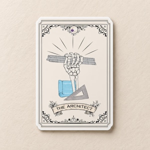 May include: A rectangular card featuring a skeleton hand holding a grey ruler above a blue rolled blueprint and a grey triangle. The card has a cream background with black decorative borders and the text THE ARCHITECT on a banner at the bottom.