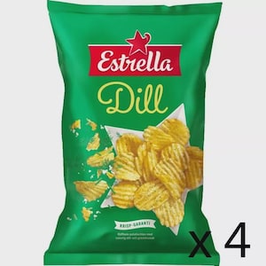 May include: A green bag of Estrella Dill potato crisps. The bag features the Estrella logo and the word "Dill" in yellow script. A serving of wavy potato crisps is visible, with the number "4" in the bottom right corner.