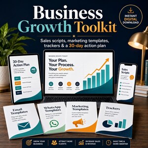Könnte beinhalten: Ein digitales Business-Wachstums-Toolkit auf einem Laptop, Tablet und Smartphone, ergänzt durch vier gedruckte Leitfäden mit den Titeln Email Templates, WhatsApp Templates, Marketing Templates und Trackers sowie einen 30-Tage-Plan.