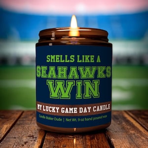 Vela con el aroma de una victoria de los Seahawks, vela de los Seattle Seahawks, decoración para el día del partido, regalo divertido para un fan de los Seahawks, vela única de la suerte de los Seahawks.
