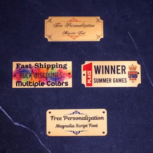 Custom Metal or Plastic Tags – Engraved or Full Color – Gold, Silver, Satin, Matte – Gift Labels, Machine Plates, Signs