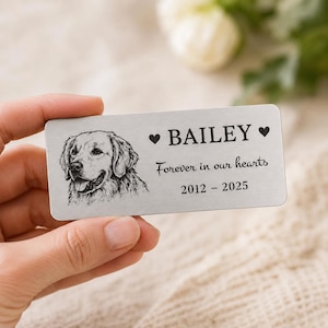 Puede incluir: Una placa conmemorativa rectangular de metal plateado con una ilustración grabada de un golden retriever, el nombre BAILEY flanqueado por dos corazones pequeños, la frase Forever in our hearts y los años 2012 - 2025 en texto negro.