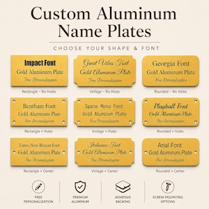 May include: Gold-coloured aluminium name plates with different fonts and shapes are displayed. The plates offer free personalisation and various mounting options. Text on the plates includes font names and details like "Rectangle - No Holes."