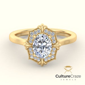 Anillo de compromiso de moissanita de corte ovalado, anillo de moissanita de racimo ovalado de halo, anillo de oro macizo de 14 k, anillo de regalo de aniversario, anillo nupcial, anillo diario