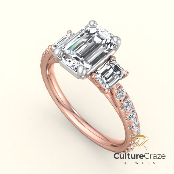 Emerald Cut Moissanite Engagement Ring With Spaced Diamond Band