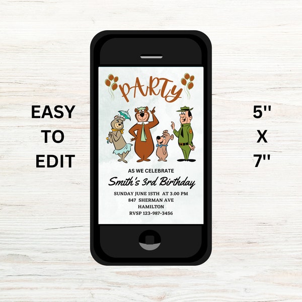 yogi bear and Cindy birthday invitation, yogi bear and friends, digital invitation, editable and printable ,PDF