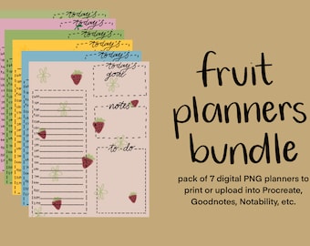 May include: A set of seven digital planner templates featuring a strawberry and floral design. The planners are designed for use with digital note-taking apps like Procreate, Goodnotes, and Notability. The text on the planner says "today's goal", "notes", and "to-do".