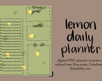 Puede incluir: Un planificador diario verde con temática de limón. El planificador tiene secciones para "el objetivo de hoy", "notas" y "tareas pendientes". También incluye una sección de seguimiento del tiempo con incrementos horarios de 6:00 a. m. a 11:00 p. m.