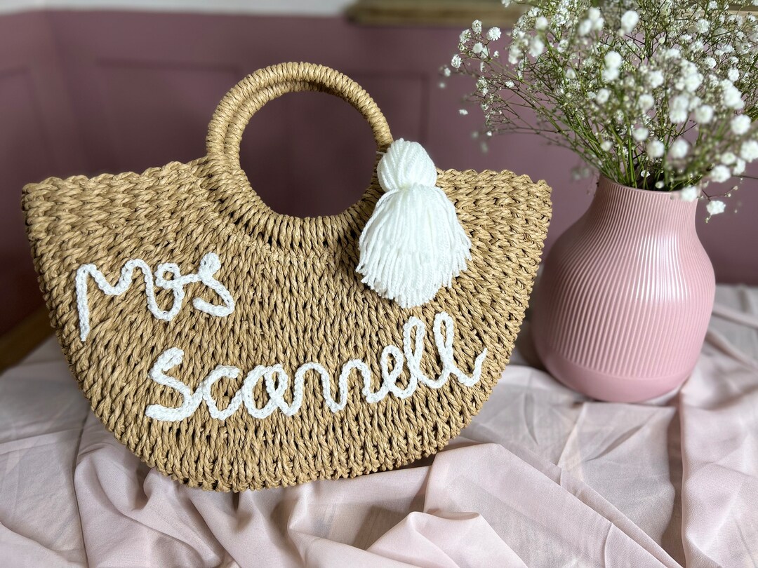 Personalised Straw Beach Bag With Crochet Lettering Etsy