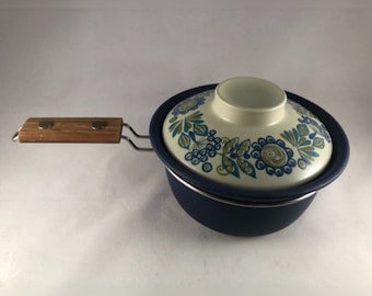 May include: A blue and white enamel saucepan with a floral design and a wooden handle. The lid has a white knob and a floral design.