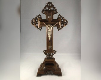 Crucifijo vintage houten tafelaltaar con calavera de Corpus Christi (124)