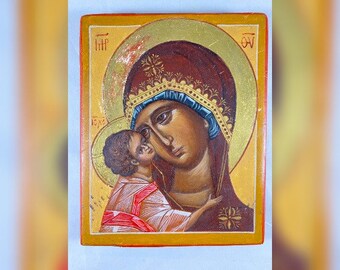 古代ビザンチン様式のイコン画の美しい複製。聖母マリアと幼子イエスを