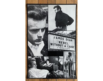 May include: Black and white poster featuring four images of James Dean. The poster has the text "JAMES DEAN "REBEL WITHOUT A CAUSE" CINEMASCOPE" on a marquee.
