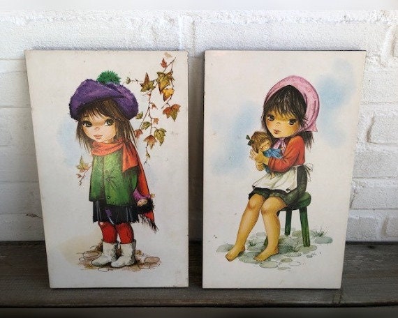 Vintage Big Eyed Girls paar prints op board van Gallarda jaren '60-'70 (293)
