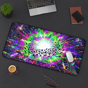 Psychedelic Frog Galaxy Mouse Pad, Trippy Neon Chaos Rave Desk Mat, Supernova Hop Space Art, Large Gaming Mousepad, Colorful Gamer Gift Idea