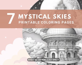 Mystical Skies Enchanting Dreamy Printable Coloring Pages, Immersive Magical Colouring Digital Art for Adults, Architecture Fantasy Sci-Fi